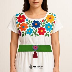 Green Artisan Mexican Waist Belt – Floral Heart Embellishment in Felt Appliqué